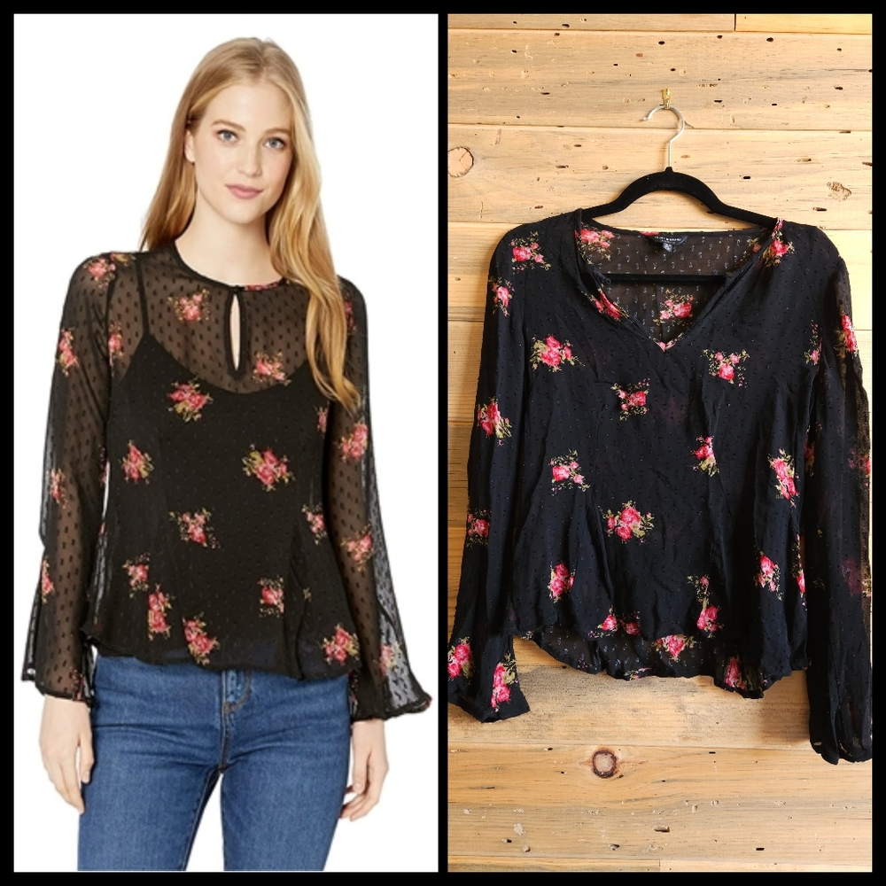 Lucky Brand Sheer Floral Black Top size XS